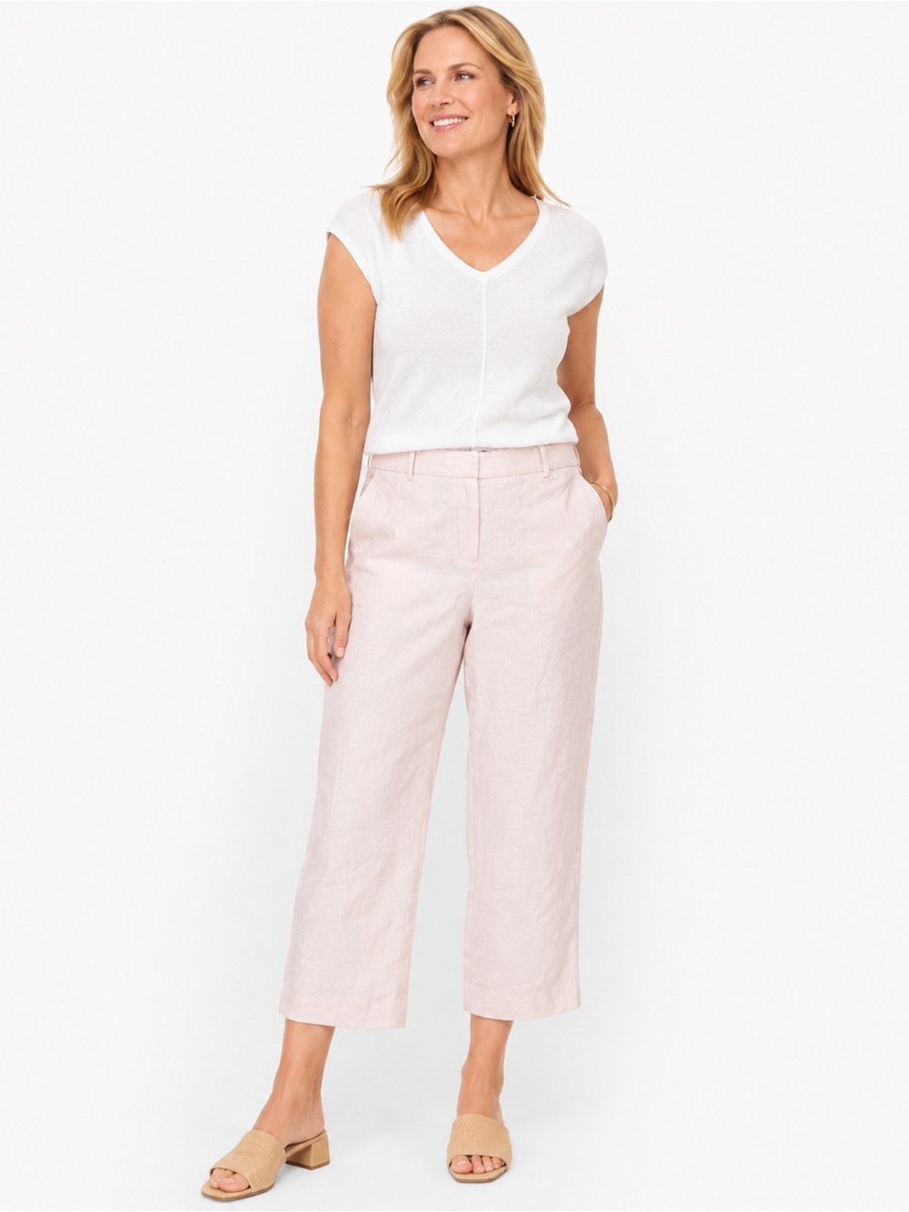 Talbots Light Pink Cropped 100% Linen Pants 14P Lightweight Resort Wear